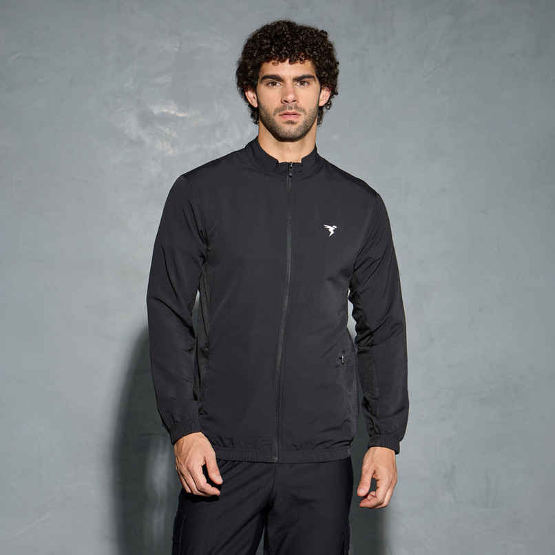 Technosport Men's Poly Solid Slim Fit Mock Neck Full Sleeve Sports Jacket | Black - M