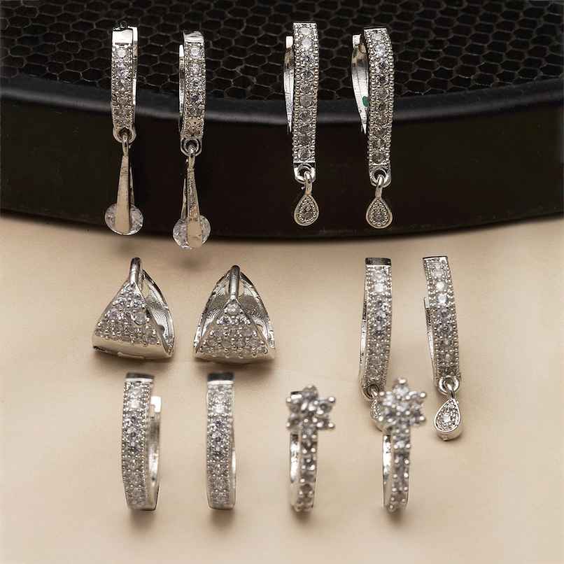 Zeneme Pack Of 6 Rhodium-Plated Teardrop Shaped Drop Earrings For Women & Girls Zeneme Pack Of 6 Rhodium-Plated Teardrop Shaped Drop Earrings For Women & Girls