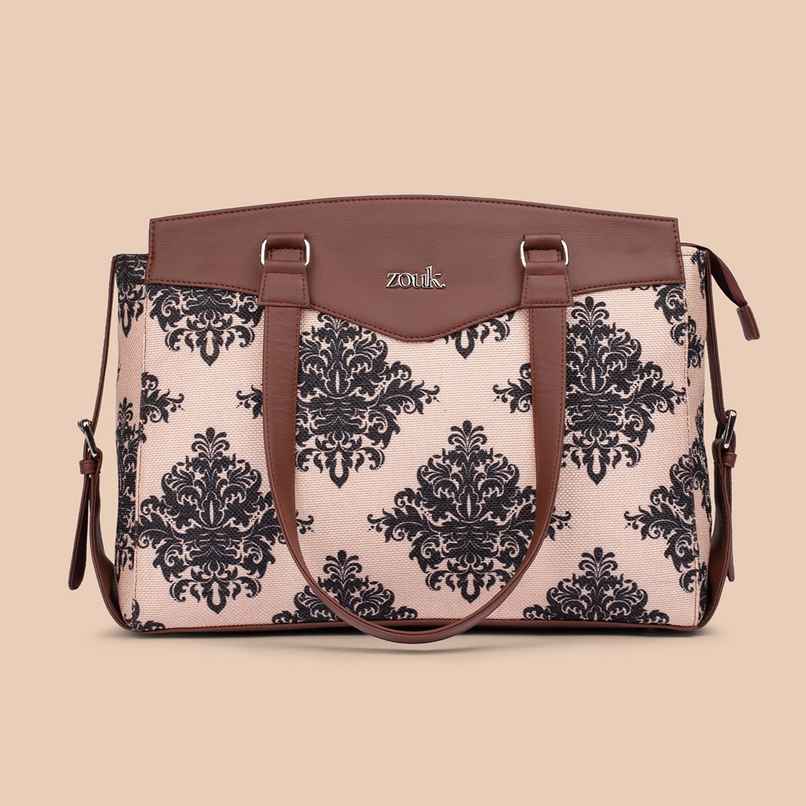 Zouk Women's Motifs Vegan Leather and Handcrafted Fabric Double Strap Women's Office Bag | Brown