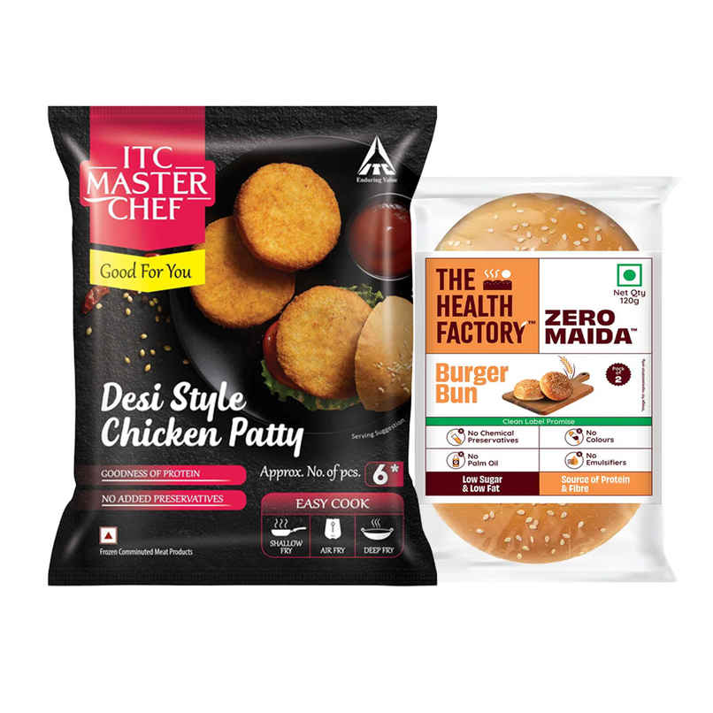 Itc Master Chef Desi Style Chicken Patty | Goodness Of Protein | No Added Preservatives | 6 Pieces (330g) & The Health Factory Zero Maida Burger Bun | Clean Label - Not Brown (120g) Combo