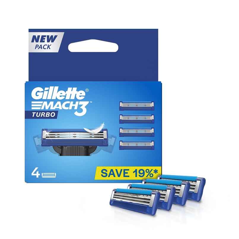 Gillette Mach3 Turbo 3-Bladed Cartridges with Comfort Gel Bar (Pack of 4)