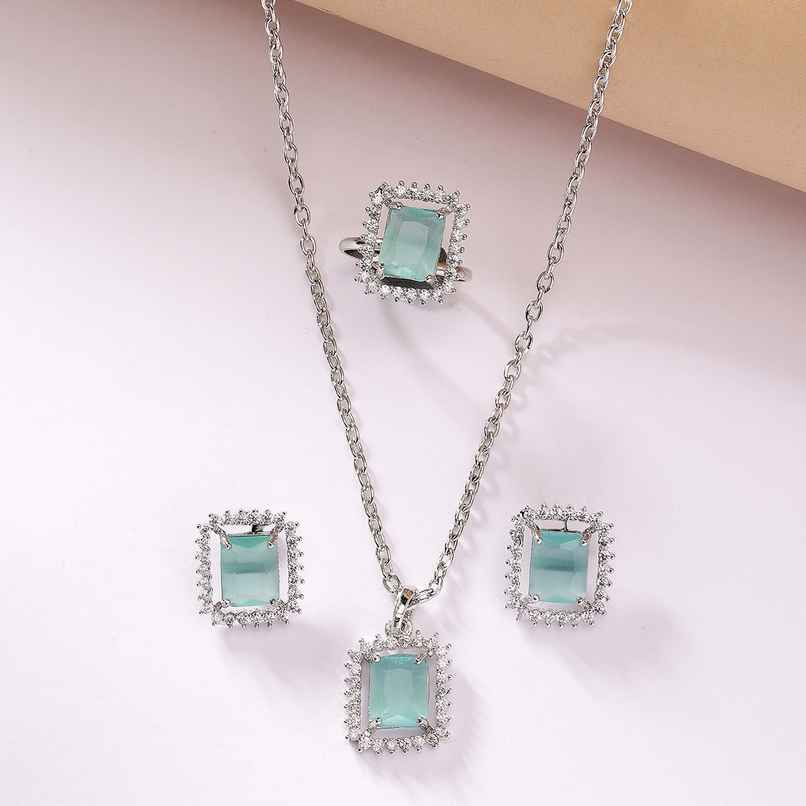 Zeneme Rhodium Plated Sea Green AD Studded Princess Cut Crytsal Necklace Earring Ring For Women