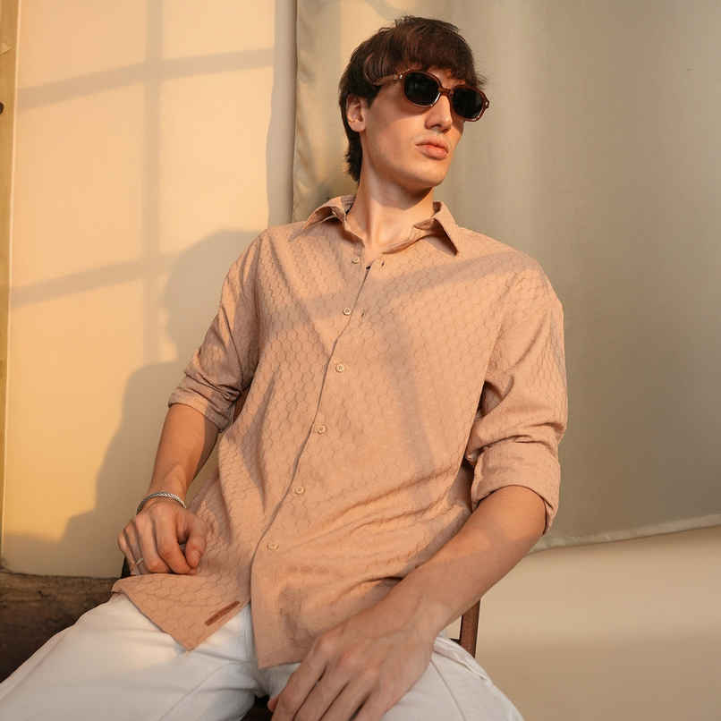 Campus Sutra Men's Honeycomb-Textured Oversized Shirt | Beige - XL