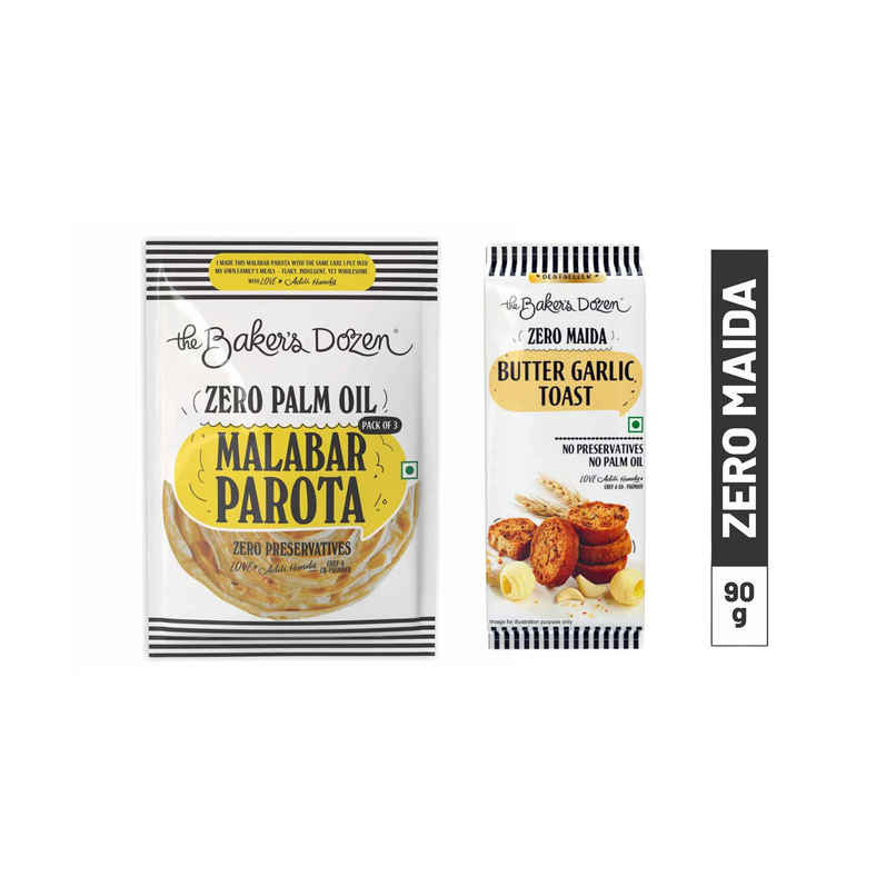 The Baker'S Dozen Zero Palm Oil Malabar Parota | Wheat Paratha | Ready To Eat | Ready To Cook (210g) & The Baker'S Dozen Zero Maida Butter Garlic Toast Baked Snack No Palm Oil No Preservatives 100% Wholewheat (90g) Combo 