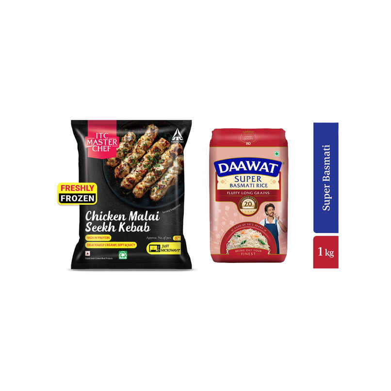 Itc Master Chef Chicken Malai Seekh Kebab (400g) & Daawat Super Basmati Rice | Long Grain (1kg) Combo