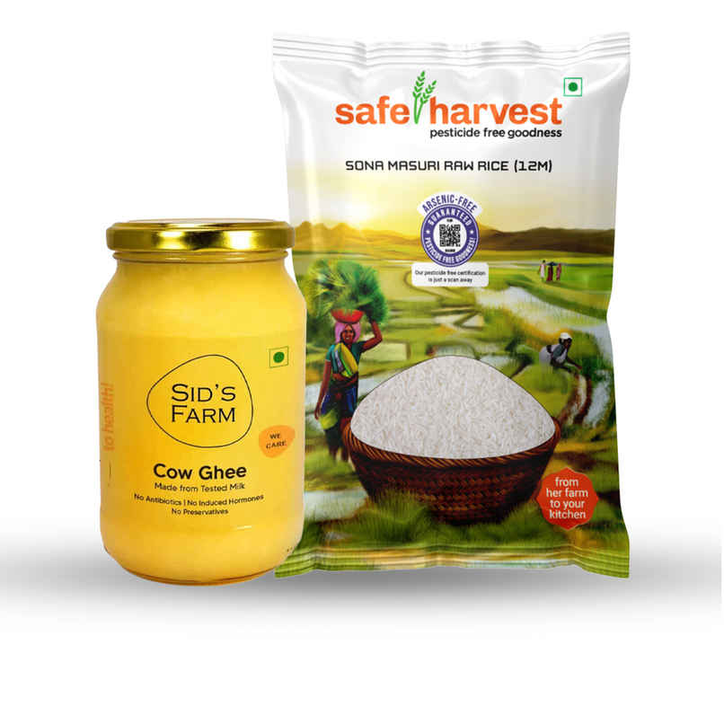 Sid'S Farm Cow Ghee (350g) & Safe Harvest Pesticide-Free Sona Masuri Rice | Gluten-Free, Unpolished, Arsenic-Free | 12 Months (5kg) Combo Sid'S Farm Cow Ghee (350g) & Safe Harvest Pesticide-Free Sona Masuri Rice | Gluten-Free, Unpolished, Arsenic-Free | 12 Months (5kg) Combo
