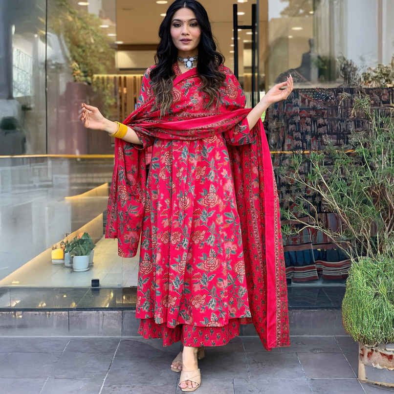GoSriKi Women's Viscose Rayon Anarkali Printed Kurta with Pant & Dupatta | CIA | Pink - XL