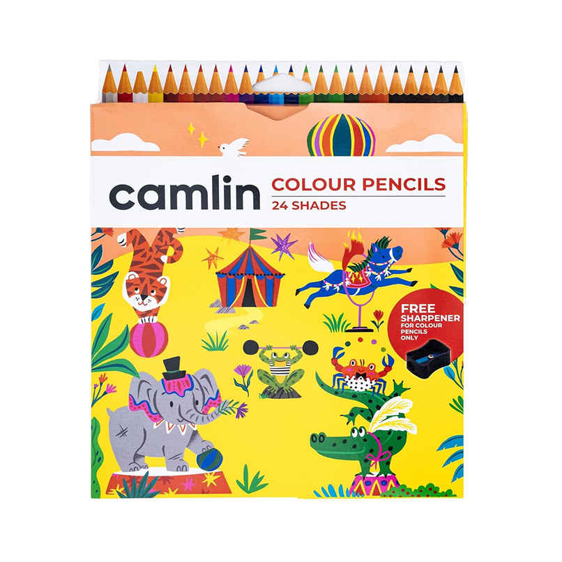Camlin Colour Pencils Assorted Pack Of 24 Shades With Sharpener, Full Size