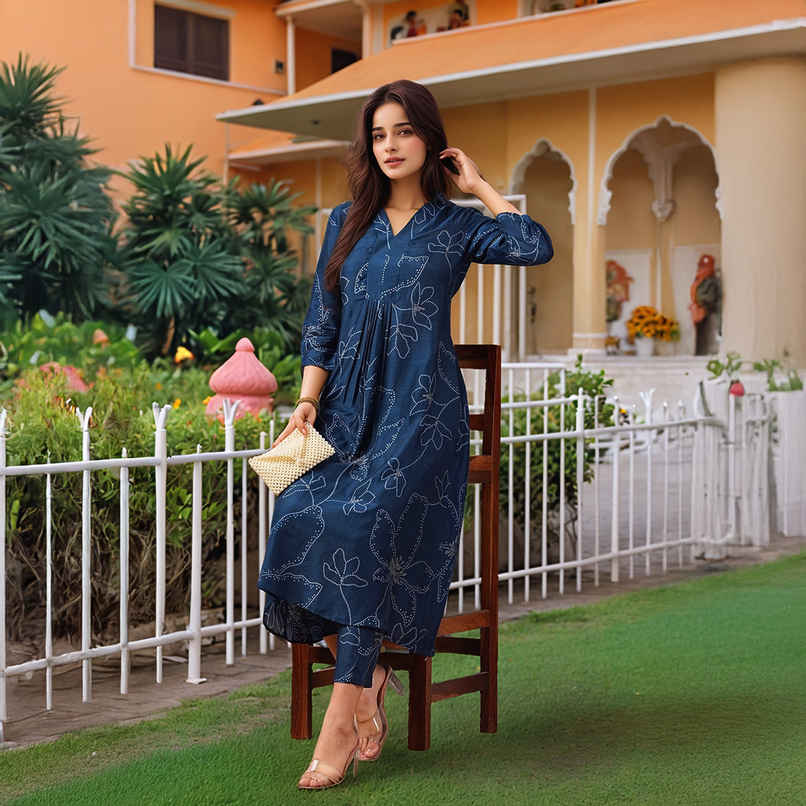 GoSriKi Women's Viscose Rayon Anarkali Printed Kurta with Pant | MARUP | Blue - L