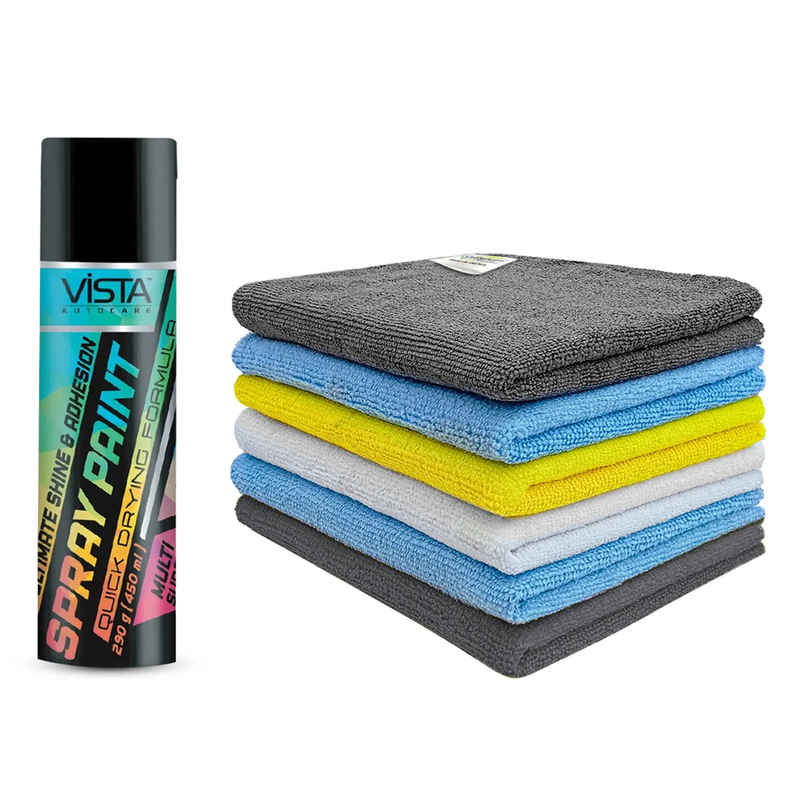Vista Auto Care Black Matte Spray Paint Quick-Drying | Multi-Surface For Metal (400ml) & Softspun Microfiber Cleaning Cloths (220 Gsm, 30X30Cm, 6Pc, Multicolor/Assorted) (6pc) Combo Vista Auto Care Black Matte Spray Paint Quick-Drying | Multi-Surface For Metal (400ml) & Softspun Microfiber Cleaning Cloths (220 Gsm, 30X30Cm, 6Pc, Multicolor/Assorted) (6pc) Combo