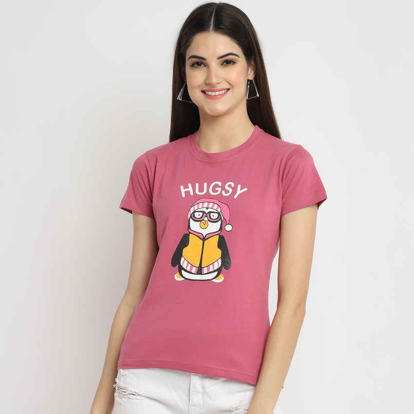 Fabflee Women Regular Cotton Printed Round Neck Tshirt | Pink | FAB-WT-35 | L