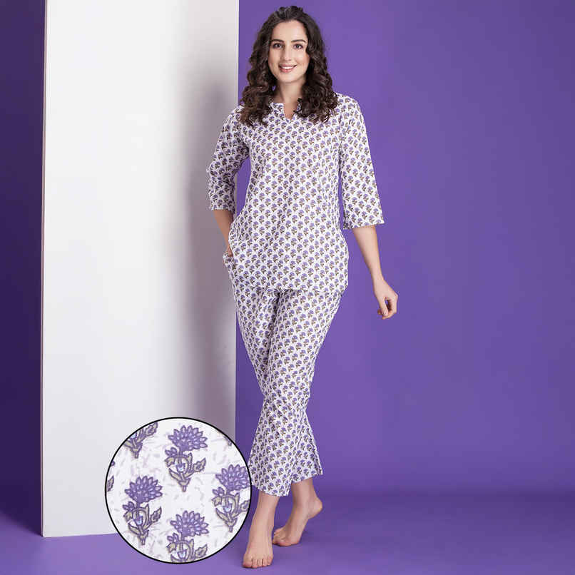 Clovia Pretty Florals Top & Pyjama - 100% Cotton(Blue - Xl) Clovia Pretty Florals Top & Pyjama - 100% Cotton(Blue - Xl)