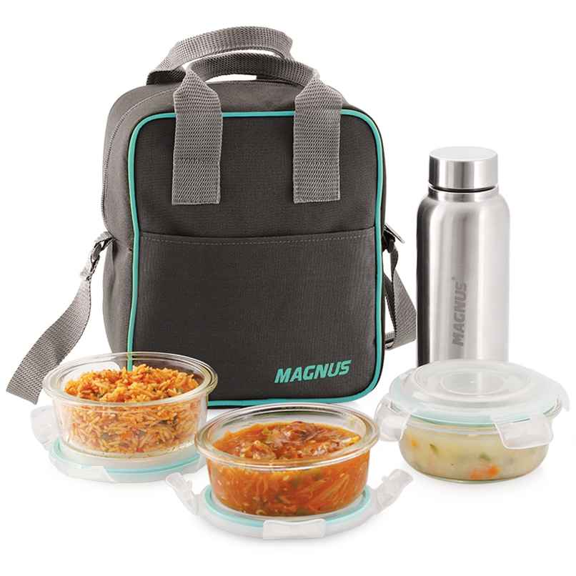 Magnus Vivid Solid Lunch Box - Bag -1 SS Bottle-3 Round Borosilicate Containers | 400 ml Each