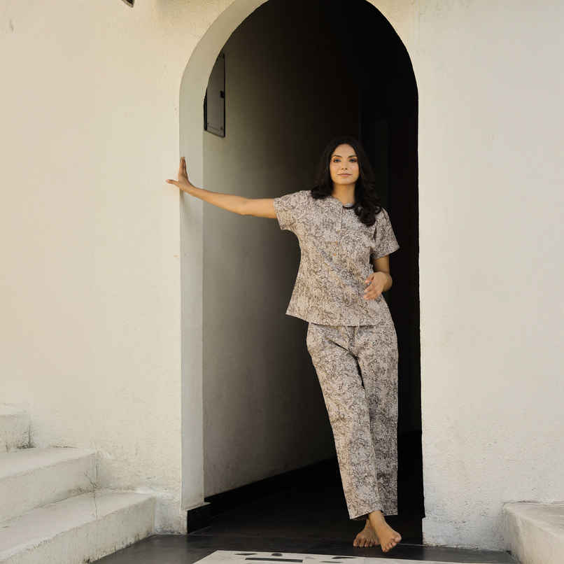 Sanskrutihomes Women's Printed Pure Cotton Night Suit | Grey - M