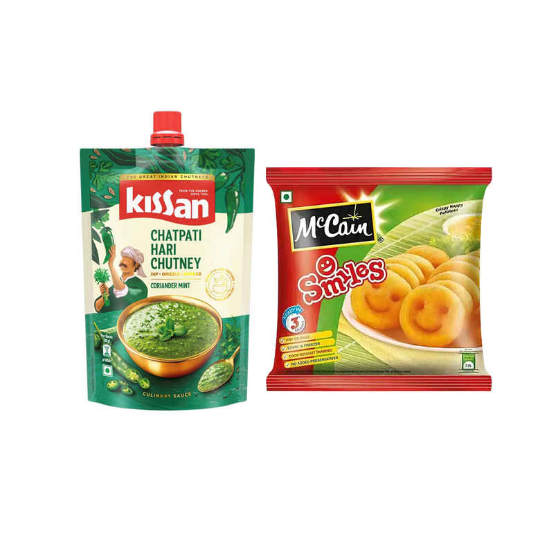 Kissan Teekhi Lehsun Mirch Chutney Doy (100g) & Mccain Smiles | Crispy Potato Snacks | No Added Preservatives (415g) Combo Kissan Teekhi Lehsun Mirch Chutney Doy (100g) & Mccain Smiles | Crispy Potato Snacks | No Added Preservatives (415g) Combo
