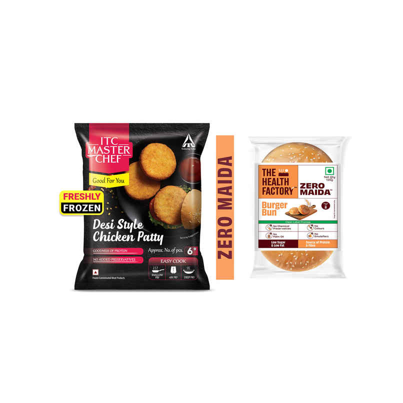 Itc Master Chef Desi Style Chicken Patty | Goodness Of Protein | No Added Preservatives | 6 Pieces (330g) & The Health Factory Zero Maida Burger Bun | Clean Label - Not Brown (120g) Combo