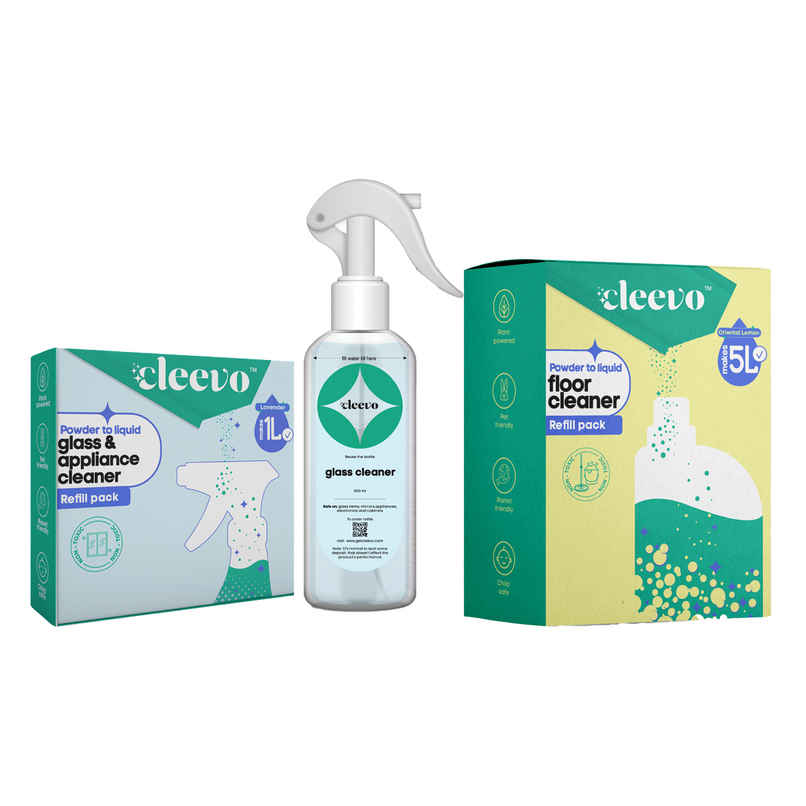 Cleevo Natural Glass Cleaner & Appliance Cleaner Spray Pack Powder To Liquid (1l) & Cleevo Natural Floor Cleaner Refill Pack Non-Toxic Eco-Friendly Powder To Liquid Lemon (5l) Combo