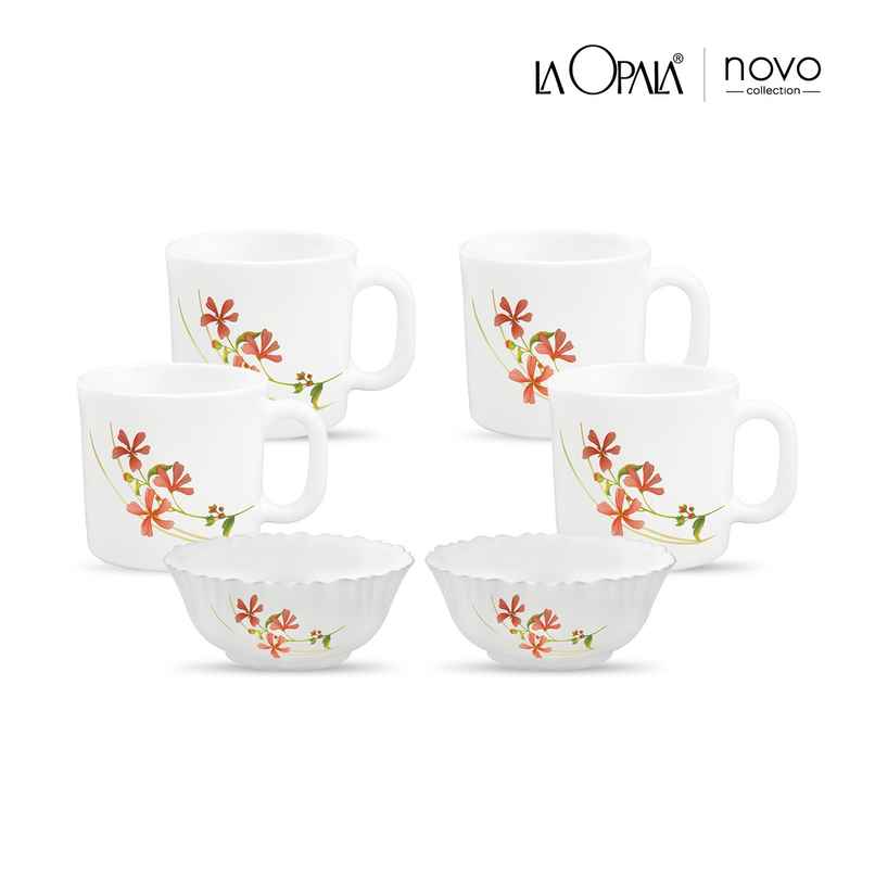 La Opala Novo Coffee Time Set of 6 | Opal Glass Coffee Mugs & Bowls for Gifting - White La Opala Novo Coffee Time Set of 6 | Opal Glass Coffee Mugs & Bowls for Gifting - White