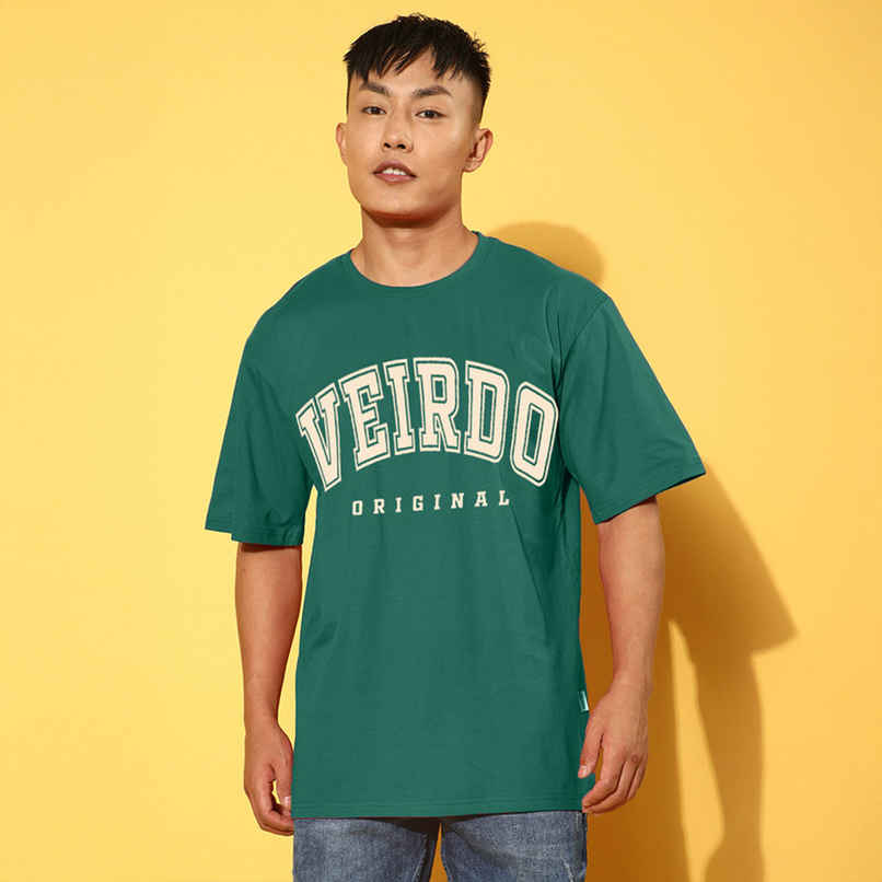 Veirdo Pure Cotton Oversized Fit Round Neck Green Printed T-Shirt For Men - L