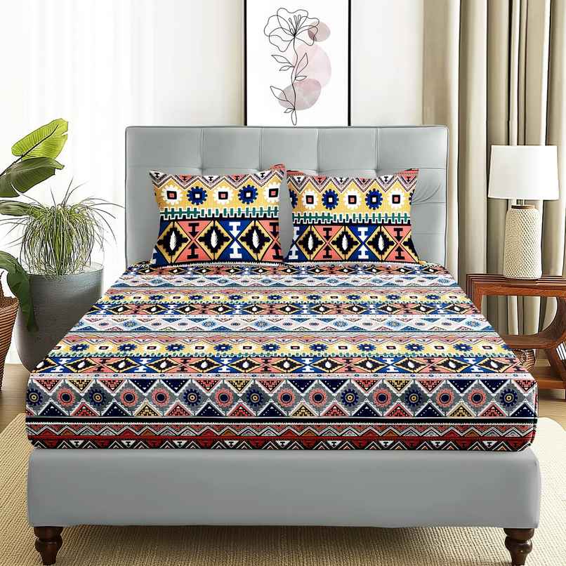 Story@home 240 TC Microfiber Double Printed Flat Bedsheet Beige & Grey | Aztec