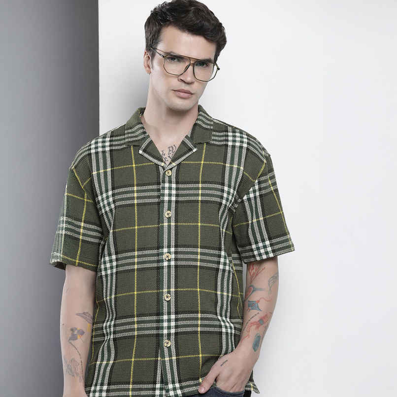 The Indian Garage Co Men's Relaxed Fit Checkered Resort Wear Half Sleeve Shirt | Green - M