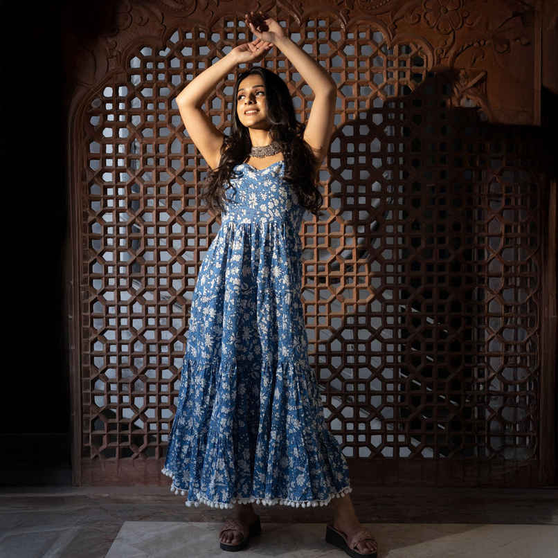 Divena Women s Indigo Floral Printed Shoulder Strip Long Dress | DK0694 | S