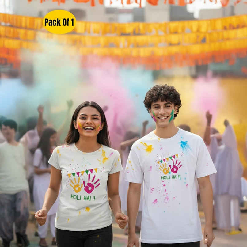 Springman Cotton Rich Half Sleeve Round Neck Springman Unisex T-Shirt White Holi Hai Printed | S Springman Cotton Rich Half Sleeve Round Neck Springman Unisex T-Shirt White Holi Hai Printed | S