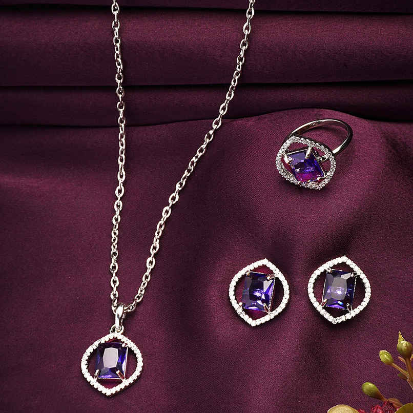 Zeneme Rhodium Plated American Diamond Studded Marquise Halo Jewellery Set For Women & Girls