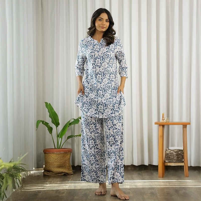 Sanskrutihomes Shirt Collar Pure Cotton Night Suit | Blue - M
