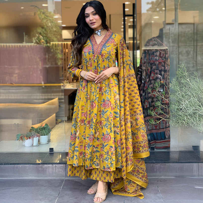 GoSriKi Women's Rayon Blend Anarkali Printed Kurta with Palazzo & Dupatta | CIA | Yellow - M