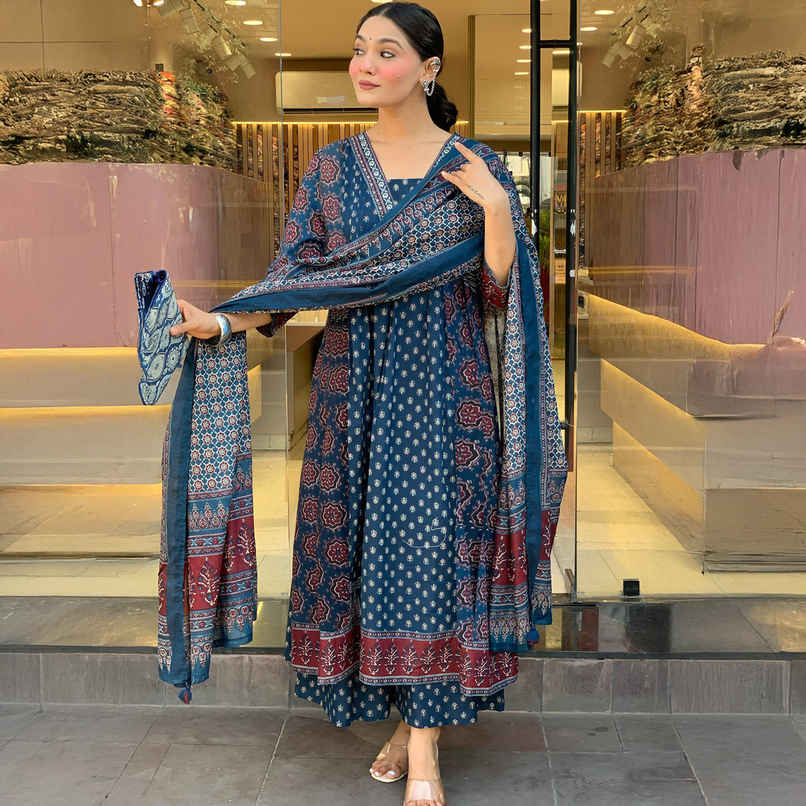 GoSriKi Women's Viscose Rayon Anarkali Printed Kurta with Pant & Dupatta | NAKULA | Blue - XL