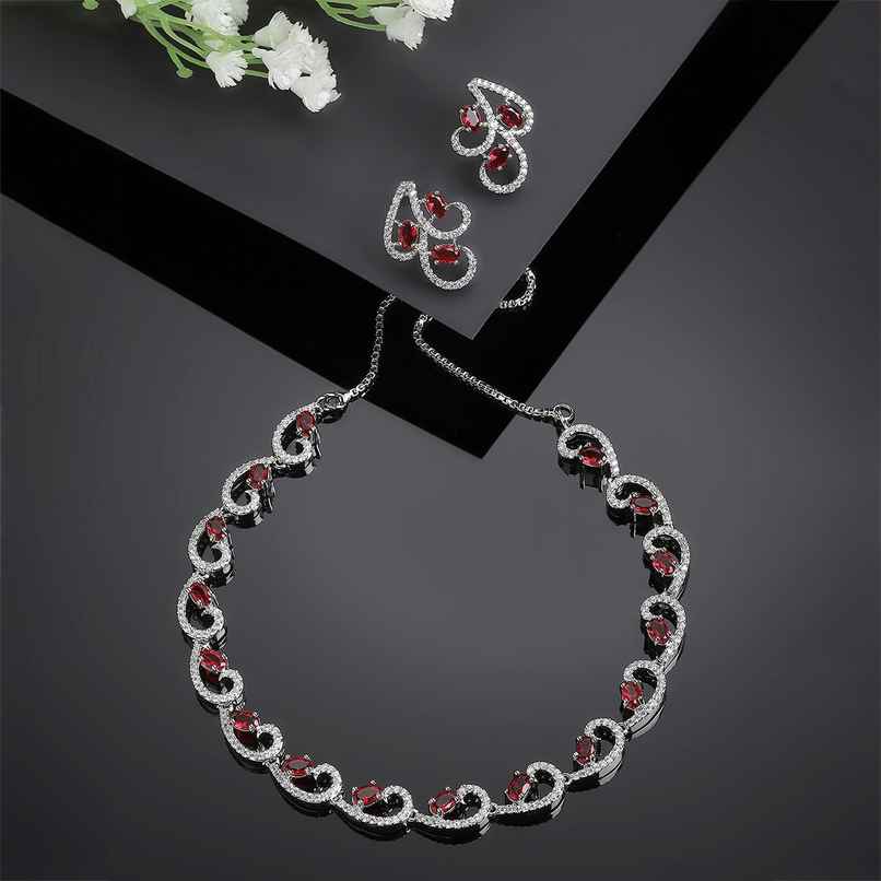 Zeneme Rhodium-Plated Silver-Toned Red American Diamond Necklace Set & Earrings For Women & Girls