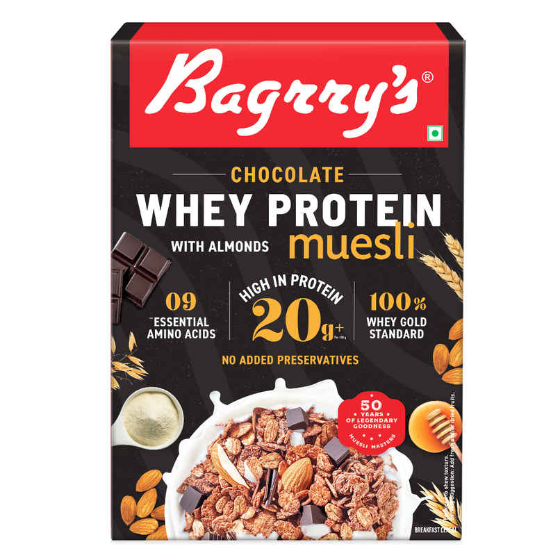 Bagrry's Whey Protein Chocolate Muesli with Almonds | 20g protein | 100% Whole Oats | 500gm carton