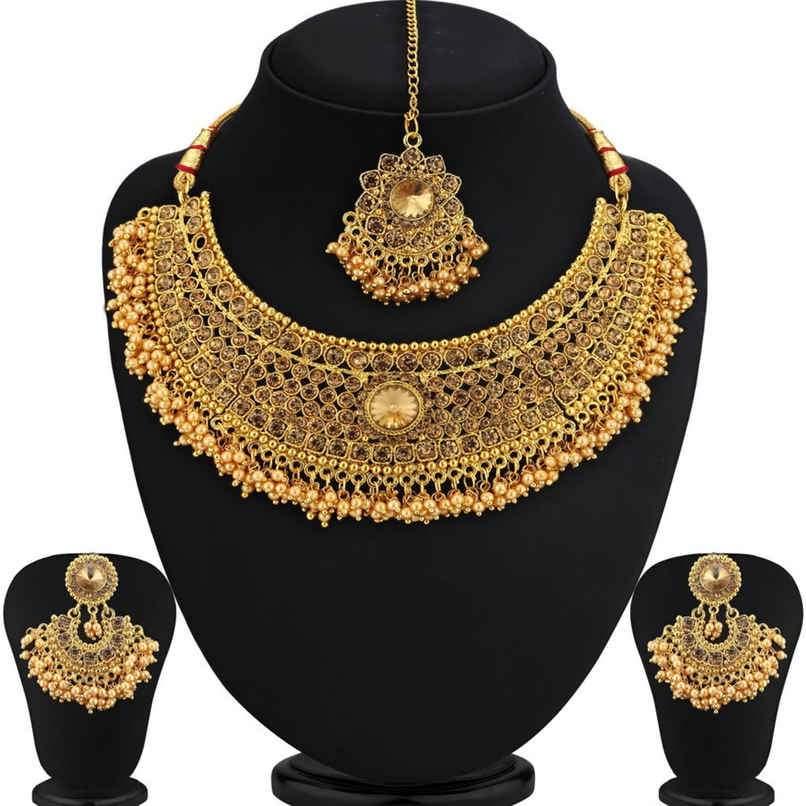 Sukkhi Traditional Pearl Gold Plated Lct Stone Choker Necklace Set For Women