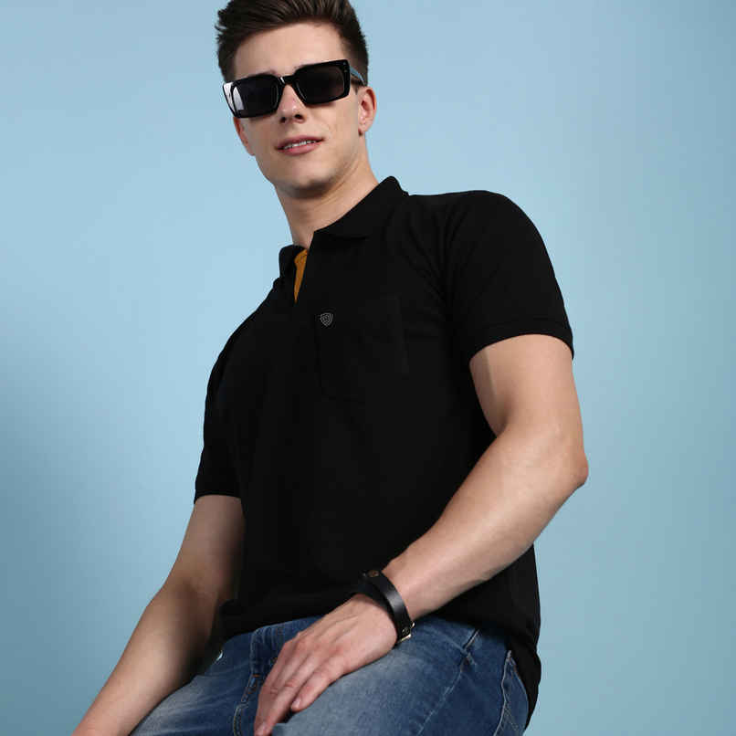 Lux Cozi Men's Solid Cotton Polo T-shirt with Pocket | Black - M