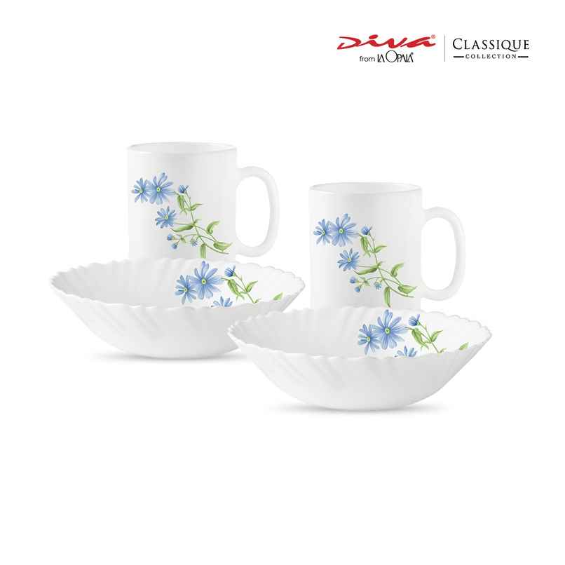 La Opala Diva Classique Breakfast Set of 4 | Opal Glass Coffee Mug & Bowl for Gifting - Blue Daisy La Opala Diva Classique Breakfast Set of 4 | Opal Glass Coffee Mug & Bowl for Gifting - Blue Daisy