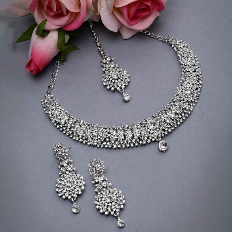 Sukkhi Fashion Rhodium Plated Silver Stone Studded Choker Necklace Set
