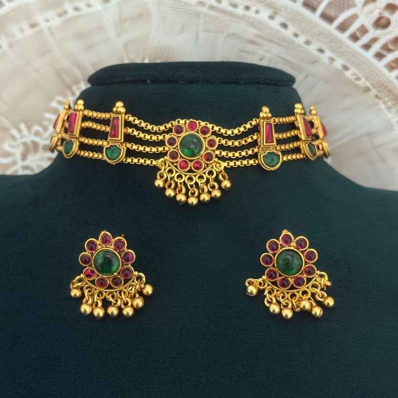 The Opal Factory Choker Necklace Set | Red and Green Stone Work Flower Design Motifs and Earrings