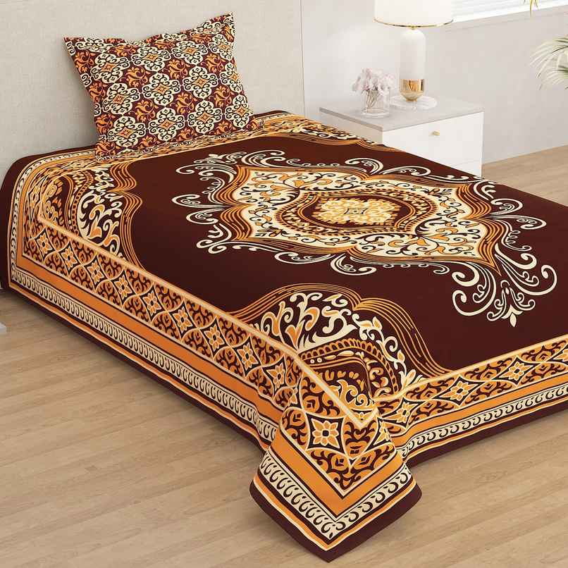 Story@home 210 TC Microfiber Single Jaipuri Prints Flat Bedsheet (Brown)