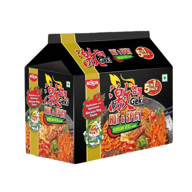 Nissin Geki - Hot and Spicy Korean Veg Flavoured Ramen Instant Noodles | 5 in 1 pack Nissin Geki - Hot and Spicy Korean Veg Flavoured Ramen Instant Noodles | 5 in 1 pack
