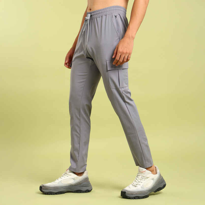Technosport Men Poly Solid Relax Fit Sports Cargo Trackpants with TS FLEXI | Light Grey | XL