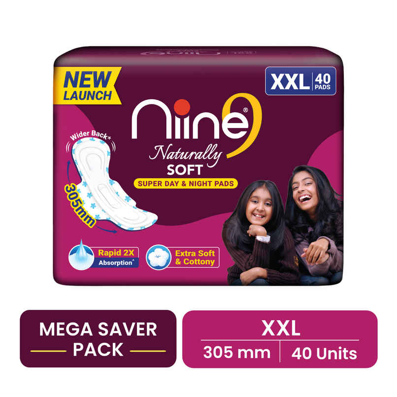 Niine Naturally Soft Day & Night Sanitary Pads | 305 mm | XXL | 40 Pads Niine Naturally Soft Day & Night Sanitary Pads | 305 mm | XXL | 40 Pads
