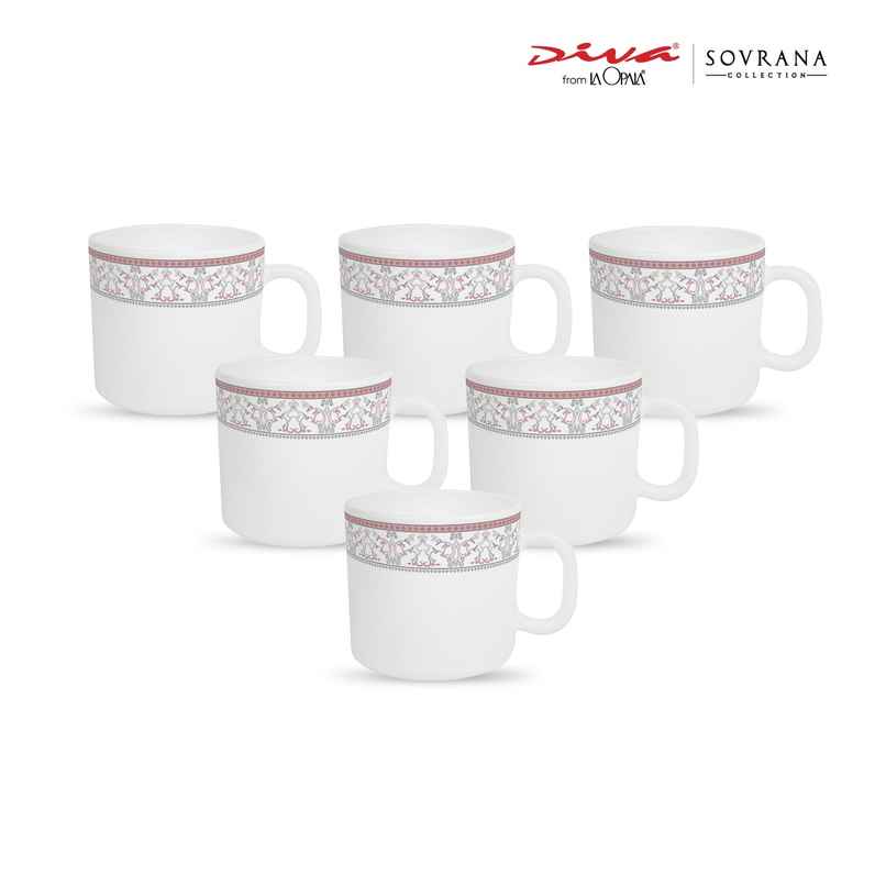 La Opala Diva Sovrana Coffee Mug 190 ml Set of 6 Moroccan Pink Opal Glass Mugs for Coffee, White