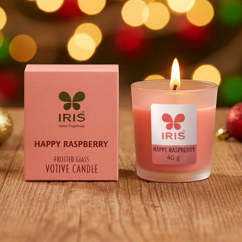 IRIS Happy Raspberry Frosted Shot Glass Votive Scented Candle 8 Hours Burn Time | Home Decor IRIS Happy Raspberry Frosted Shot Glass Votive Scented Candle 8 Hours Burn Time | Home Decor