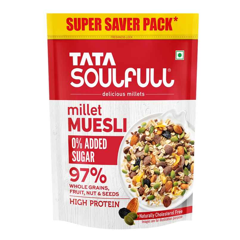 Tata Soulfull Millet Muesli, 0% Added Sugar 97% Whole Grains Fruit, Nut & Seeds Breakfast Cereal Tata Soulfull Millet Muesli, 0% Added Sugar 97% Whole Grains Fruit, Nut & Seeds Breakfast Cereal