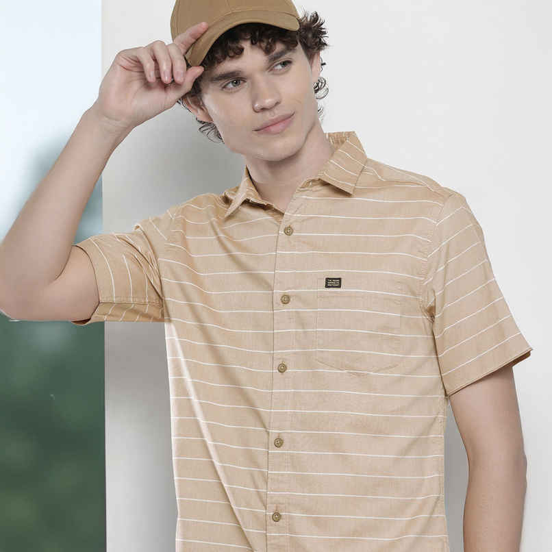The Indian Garage Co Men's Slim Fit Striped Casual Shirt | Khaki - S