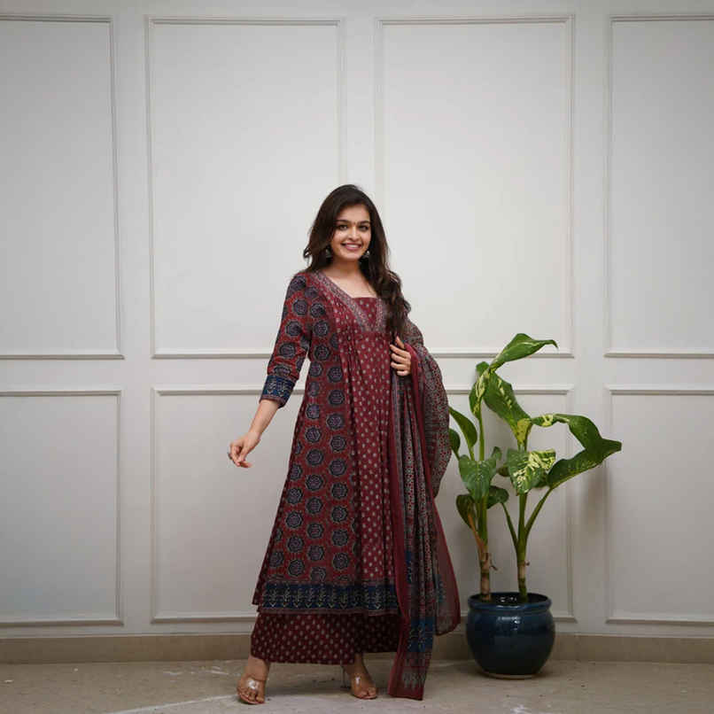 GoSriKi Women's Viscose Rayon Anarkali Printed Kurta with Pant & Dupatta | NAKULA | Wine - M