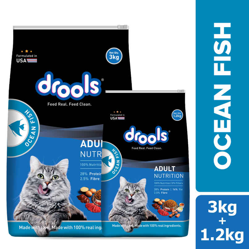 Drools Adult Complete Pet Nutrition Dry Cat Food - Ocean Fish (3 kg) With Free 1.2 kg