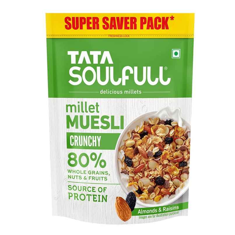 Tata Soulfull Millet Muesli, Crunchy 80% Whole Grains Nuts & Fruits Breakfast Cereal Tata Soulfull Millet Muesli, Crunchy 80% Whole Grains Nuts & Fruits Breakfast Cereal