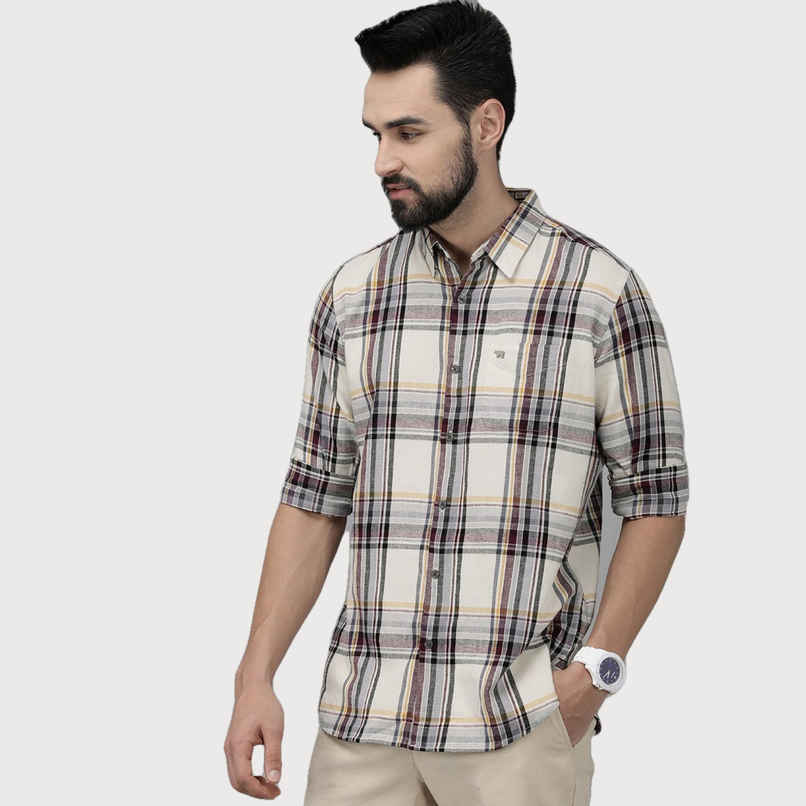 The Bear House Men Slim Fit Checked Flannel Cotton Casual Shirt - Fresia | White and Purple | M